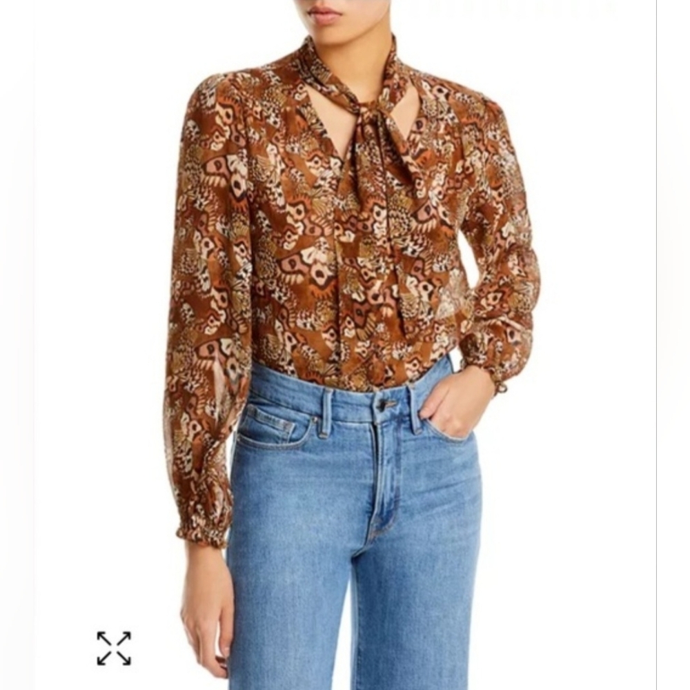 NWOT PAIGE Marcela Butterfly Print Tie Neck Silk Blouse in Cinnamon Multi.Size L